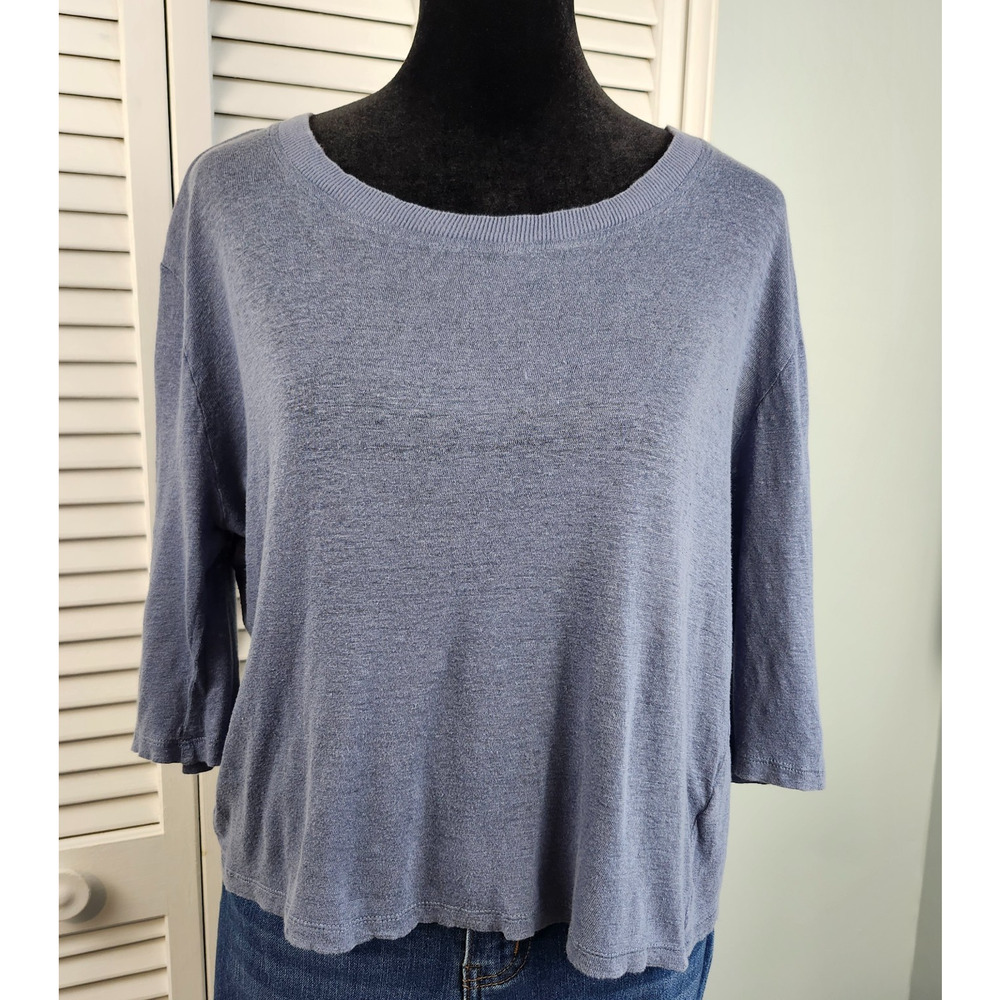 Minden Chan Anthropologie Large Linen Tee Blue Cropped